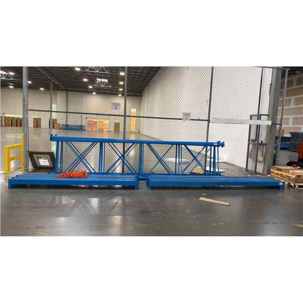 BLUE PALLET RACKING - (6) 16FT X 3 1/2FT UPRIGHTS 3 1/4" X 2" WITH 6" X 8" X 3/8" THICK