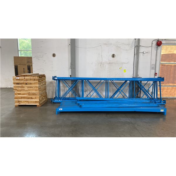 BLUE PALLET RACKING - (7) 16FT X 3 1/2FT UPRIGHTS 3 1/4" X 2" WITH 6" X 8" X 3/8" THICK