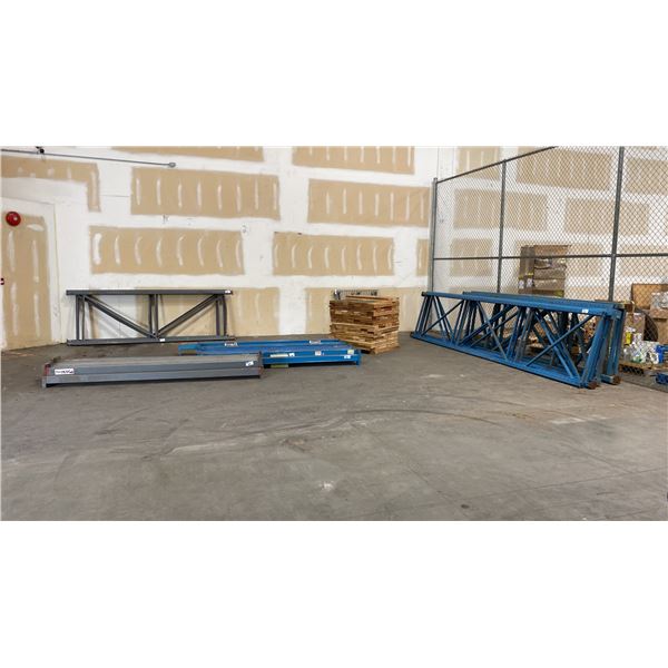 ASSORTED BLUE/ORANGE AND GREY PALLET RACKING - (10) ASSORTED SIZE UPRIGHTS, (39) ASSORTED