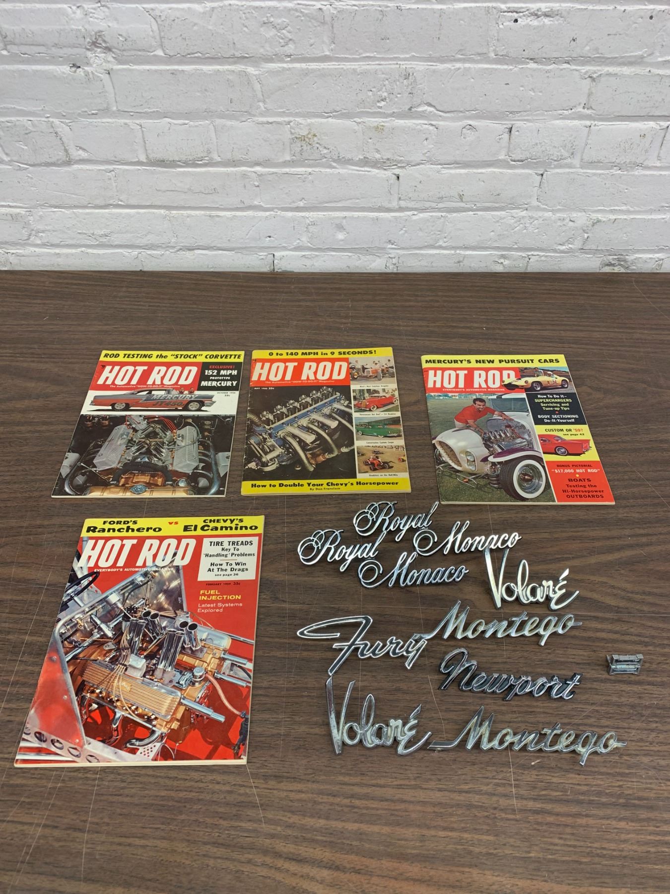 Lot of Car Emblem Logos and Hot Rod Vintage Magazines