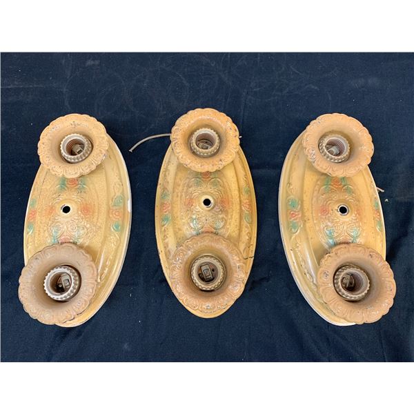 Lot of 3 Antique Metal Wall Light Fixtures 2-Bulb, Floral Design