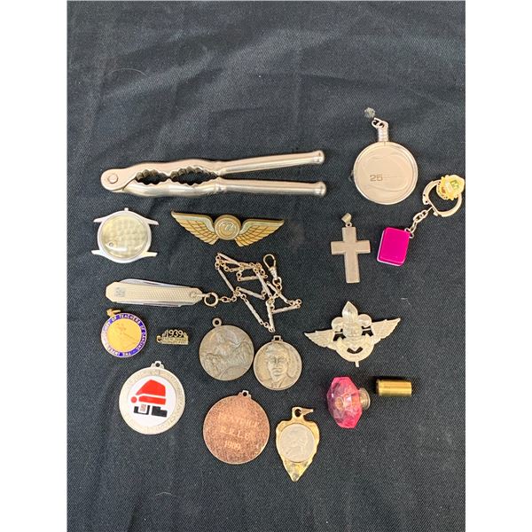 Lot of Vintage Junk Drawer Pins, Coins, Medals, Etc
