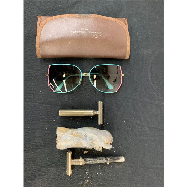 Vintage Sunglasses and Mens Razors, shaving brush