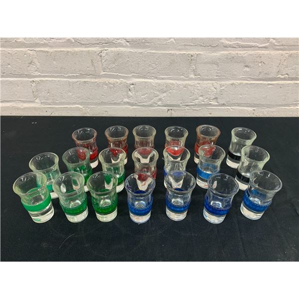 Lot of 20 Vintage Blade Runner Shot Glasses Art Deco Color Band Stripe Red, Green, Blue, Black
