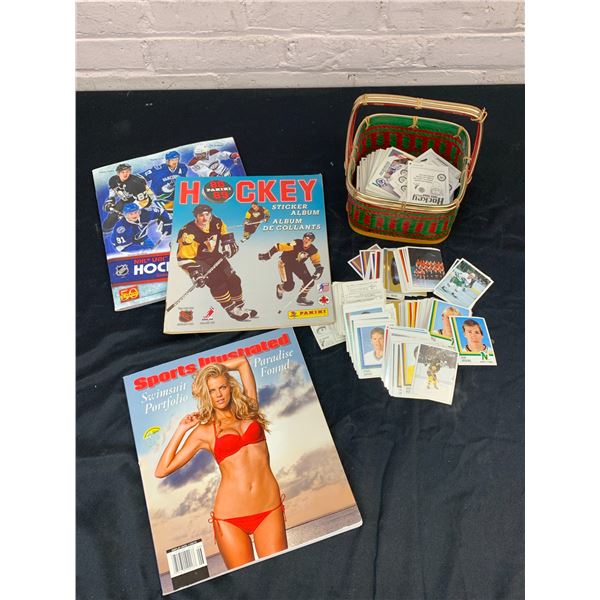 Lot of Hockey NHL Sticker Cards and 3 Magazines Sports Illustrated, Sticker Album, etc