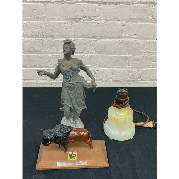 Lot of 3 Lamp Bases Woman, Stone and Wooden Mounted Manitoba Bison Plaque