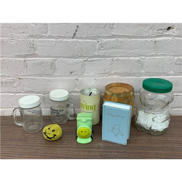Lot of 7 Vintage Glass Piggy Banks Coin Banks and Hacky Sack Ball