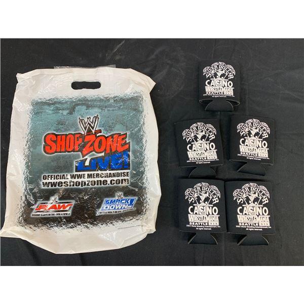 5 Wrestlemania Beer Cozies Silver Dollar Casino Advertising, Wrestling Shopping Bag