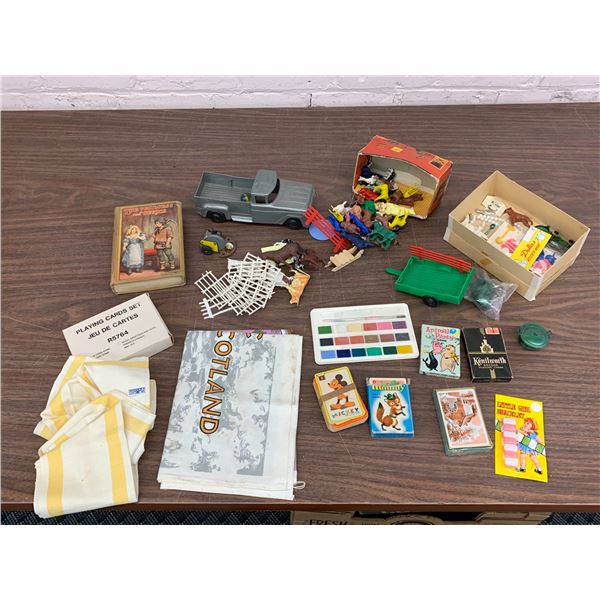 Lot of Vintage Toys, Farm Animals, Playing Cards, Truck, Marble, Book, Etc