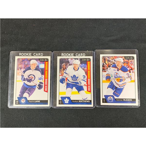 Lot of 3 2016-17 Hockey Rookie Cards Patrick Laine, Auston Matthews, Connor McDavid OPC