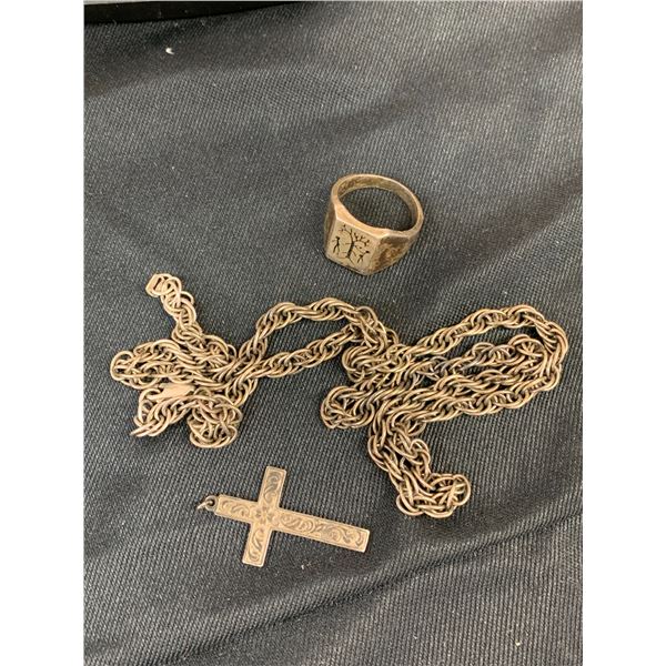 Lot of 3 Tree of Life Ring, Silver Cross, Silver Chain *broken*