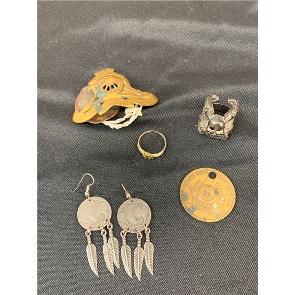 Junk Drawer Lot Military Badge Biker's Skull Ring, 6 Month AA Chip, Buffalo Nickel Earrings, etc