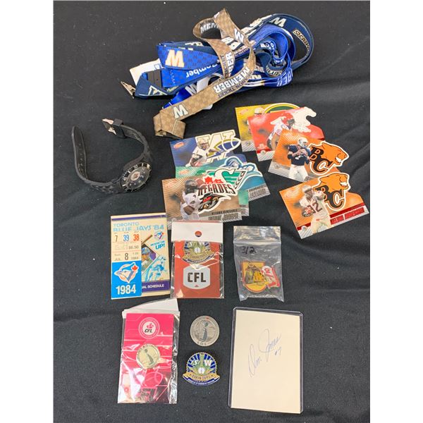 Sports Lot Don Jonas Autograph Cut, Blue Bombers Lanyard, Pins, Jets Watch, CFL Cards, Blue Jays