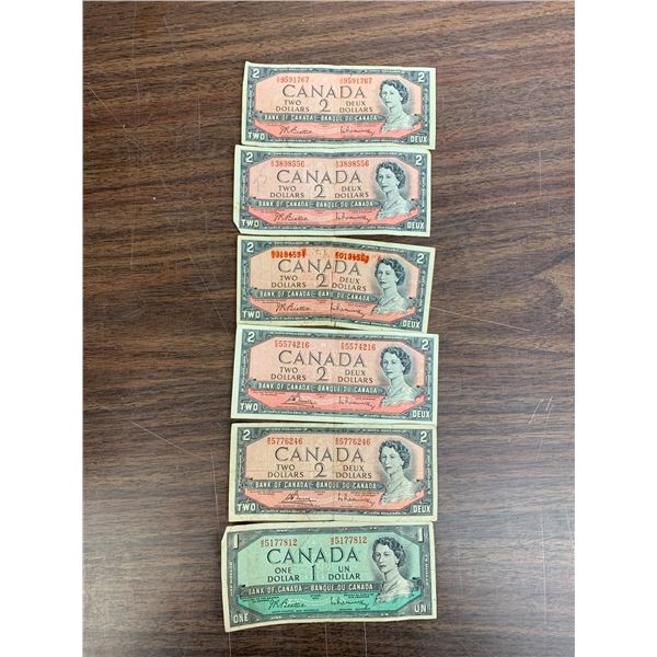 Lot of 5 1954 $2 Canadian Paper Bills and 1 1954 $1 Paper Bill