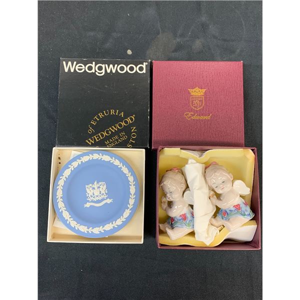 Wedgwood Plate and Edward Pair of Angel Figurines