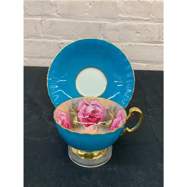 Aynsley Fine Bone China England Tea Cup and Saucer Teal Rose
