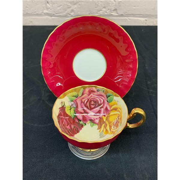 Aynsley Tea Cup and Saucer Fine Bone China Burgundy Rose