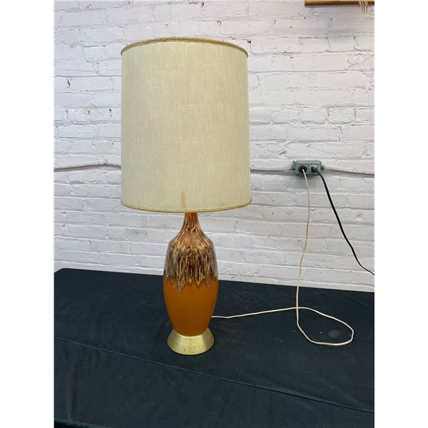 Vintage Ceramic Mid Century MCM Table Lamp *works* Orange and Brown w Shade Tri-Light
