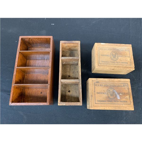 Lot of 4 Wooden Box Organizer Kraft, High Speed Steel Bits