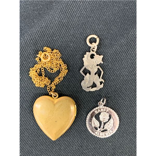 Lot of 3 Gold Tone Heart Pendant, Sterling Silver Alberta Charm & Siamese Silver Tone Pendant
