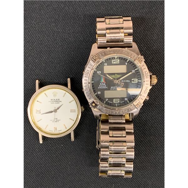 Lot of 2 Vintage Mens Quartz Watches Rolex, Breitling Emergency (all REPLICAS, untested)