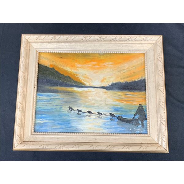 Original Framed Artist Signed Sled Dogs Painting 15" x 12"