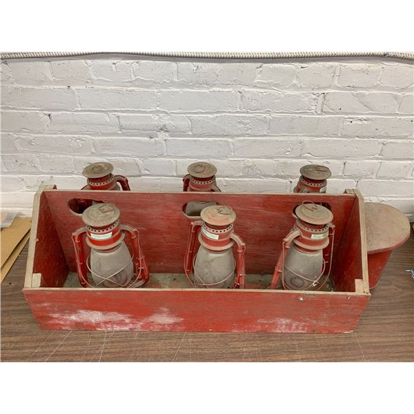 Lot of 6 Vintage circa 1980s Red Oil Lantern Replicas in Wooden Tray