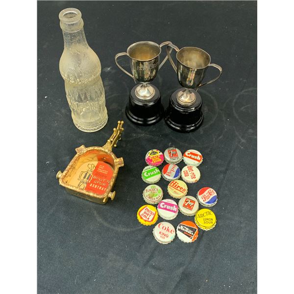Vintage Evangeline Glass Bottle, Pop Bottle Caps, Boot & Spur Ash Tray, Small Trophies