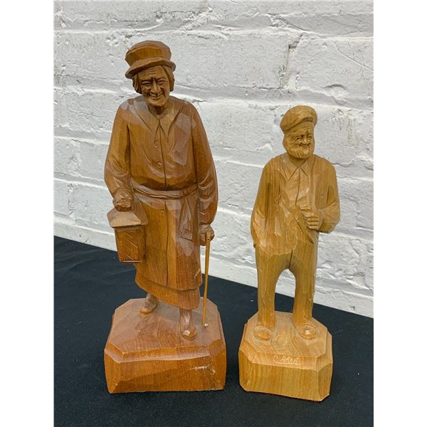 Lot of 2pcs Mid Century Canadian Folk Art Sculpture Caron Inc Wooden Carved Figurines 12", 10"