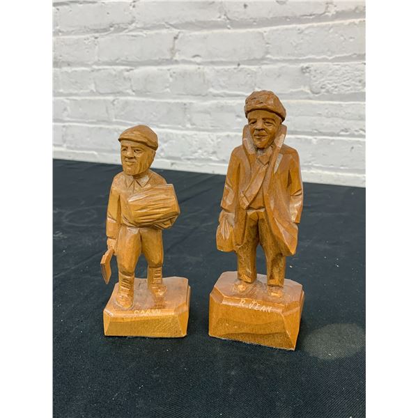 Lot of 2pcs Mid Century Canadian Folk Art Sculpture Caron Inc Wooden Carved Figurines 6" - 7"