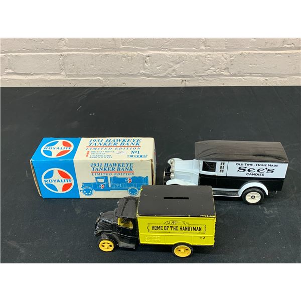 Lot of 3 Die Cast Coin Bank Oldsmobile Cars See's Candies, Home Hardware, 1931 Hawkeye Tanker