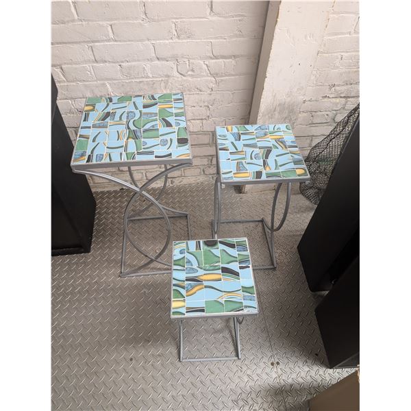 Wrought Iron Base Mosaic Tile Top Nesting Tables Plant Stands Indoor/Outdoor
