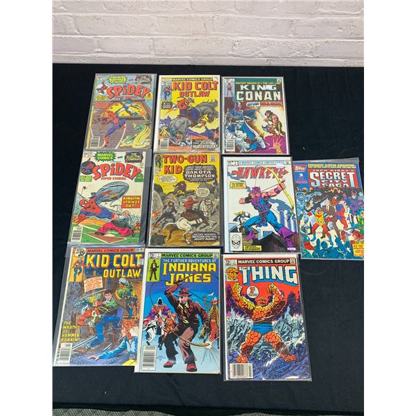 Lot of 10 Vintage Comics, some #1s, Hawkeye, King Conan, The Thing, Indiana Jones, Two-Gun Kid, etc