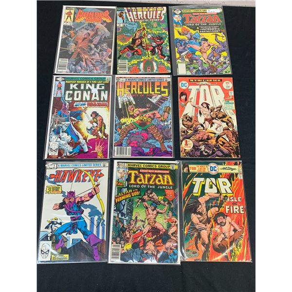 Lot of 9 Vintage Comics Some #1s, King Conan, Wonder Man, Hercules, Hawkeye, etc