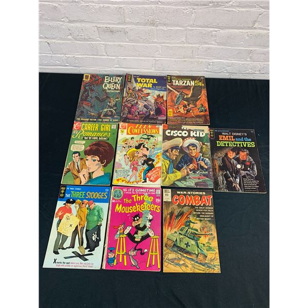 Lot of 10 Vintage Comics Combat, Cisco Kid, Tarzan, Total War, Three Stooges, etc