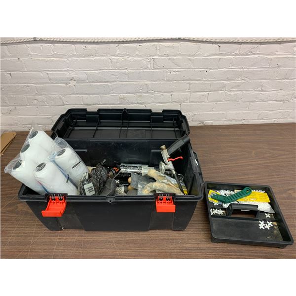 Tool Box FULL of Assorted Supplies Paint Rollers, Drywalling, Hand Tools, Caulking, etc