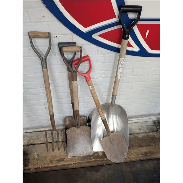 Lot of 5 Yard Tools Shovels Pitchfork Spade