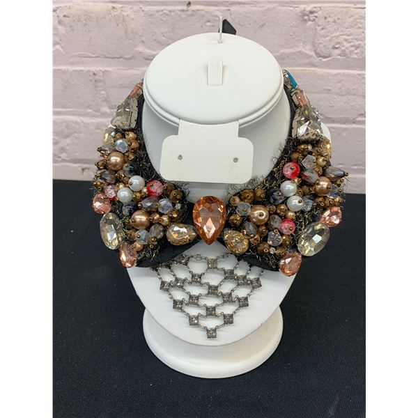 Lot of 2 Beaded Rhinestone Collar Necklace and Silver Tone Lattice Necklace
