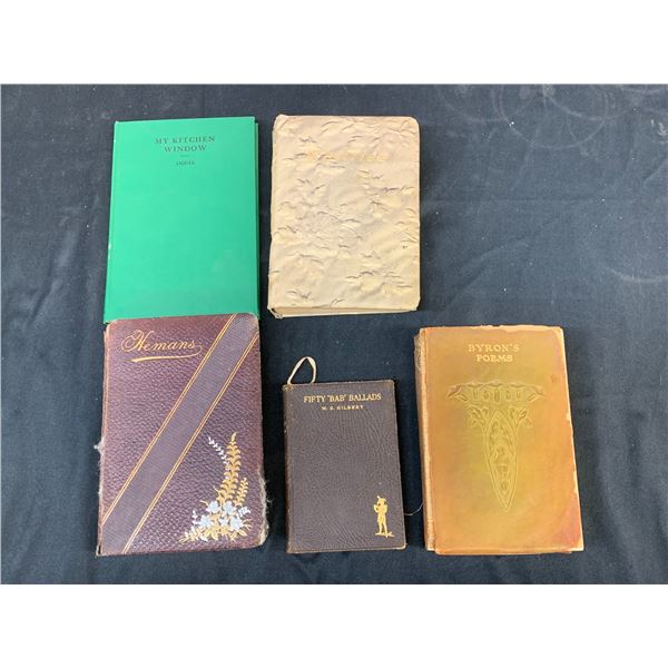 Lot of 5 Antique Books Byron's Poems, Whittier, Hemans, My Kitchen Window, Early 1900's to 1950s