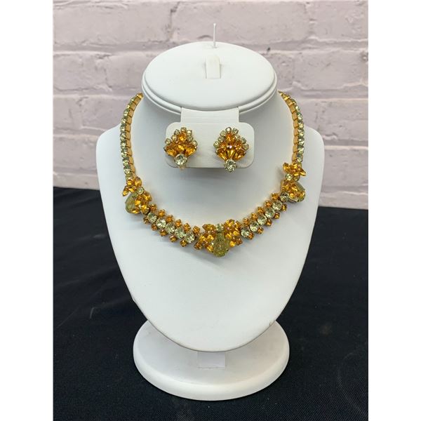Vintage Sherman Rhinestone Necklace and Screwback Earrings Set, Amber Yellow Tone