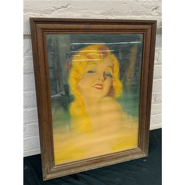 Vintage Antique Pin-Up Framed Blonde Woman 19" x 24"