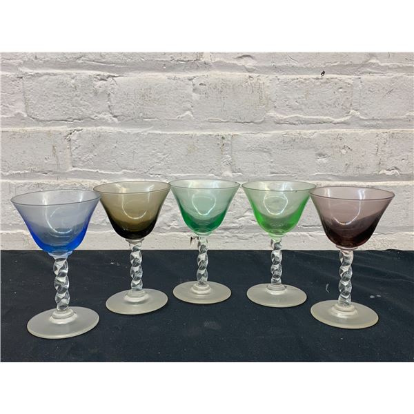 Lot of 5 Vintage Coloured Glass Cocktail Glasses, Twist Stem (some chips along rim)