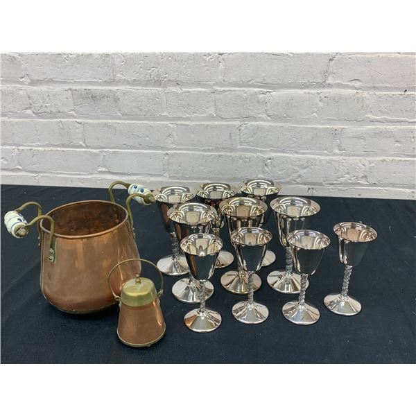 Copper Cooking Dish with Painted Wood Handles, EP Brass Goblets Small and Medium