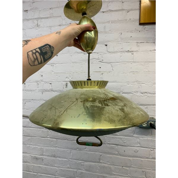 Vintage MCM UFO Saucer White and Gold Tone Ceiling Hanging Pulldown Pendant Fixture