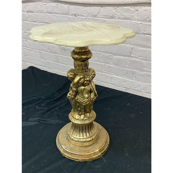 Resin Gold Tone Cherubs with Stone Style Top, Side Table (19" tall 14" diameter)