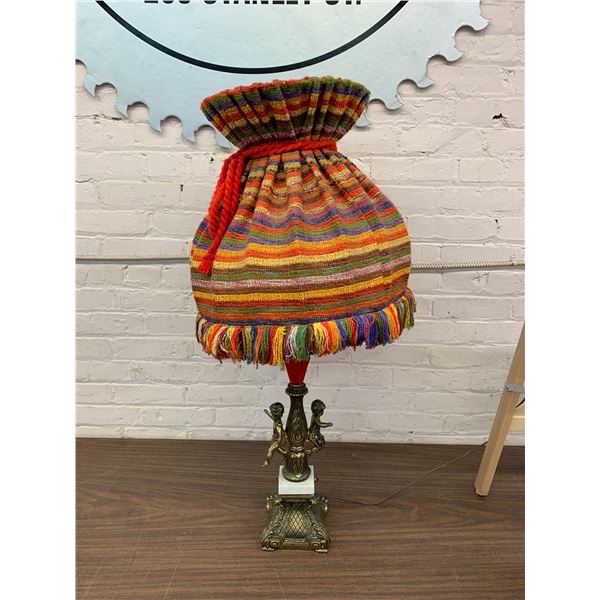Brass and Stone Base Cherub Figural Table Lamp with Woven Fabric Shade