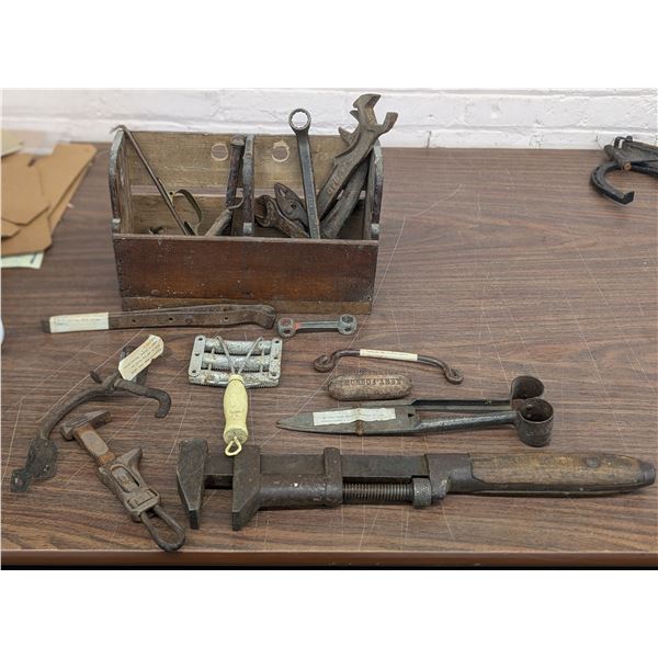 Lot of Vintage Antique Farm Tools w/ Wooden Holder Monkey Wrench Sheep Shears, Horse Bridle Bit etc.