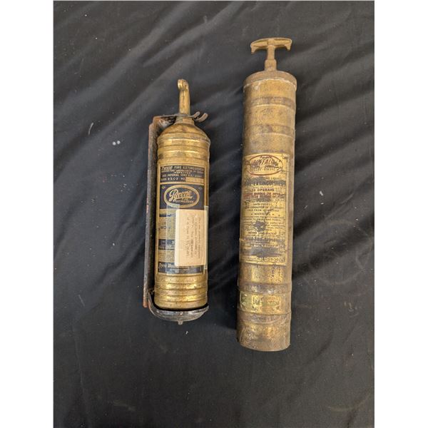 Lot of 2 Vintage Antique Brass Fire Extinguishers Pyrene Buffalo