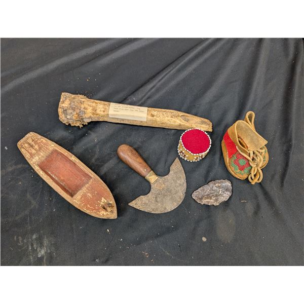 Lot of Antique Vintage Indigenous Scrapers, Bone, Toy boat, Beaded Doll Mukluks