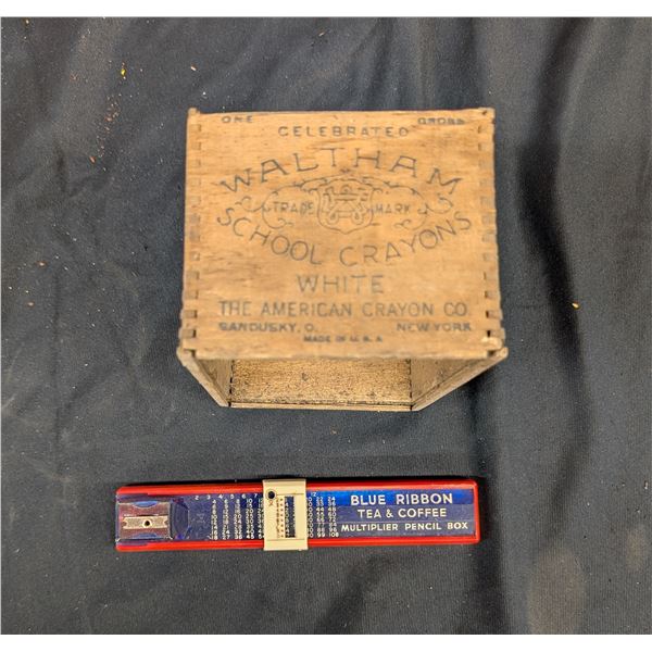 Antique Walthan School Crayons Wood Box Crate & Blue Ribbon Tea Coffee Pencil Box